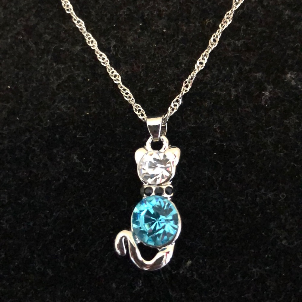 Kitten necklace silver tone chain sapphire crystal
